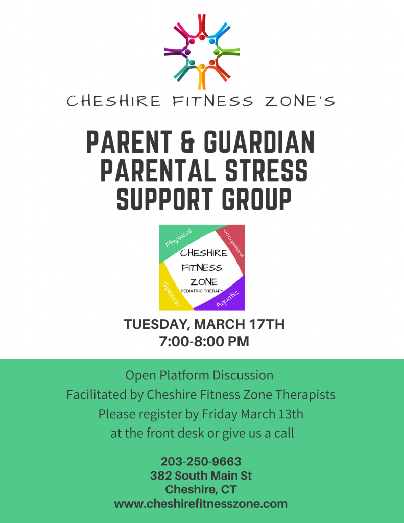 This photo describes an event held at Cheshire Fitness Zone. The event is a parent and guardian support group about parental and caregiver stress,